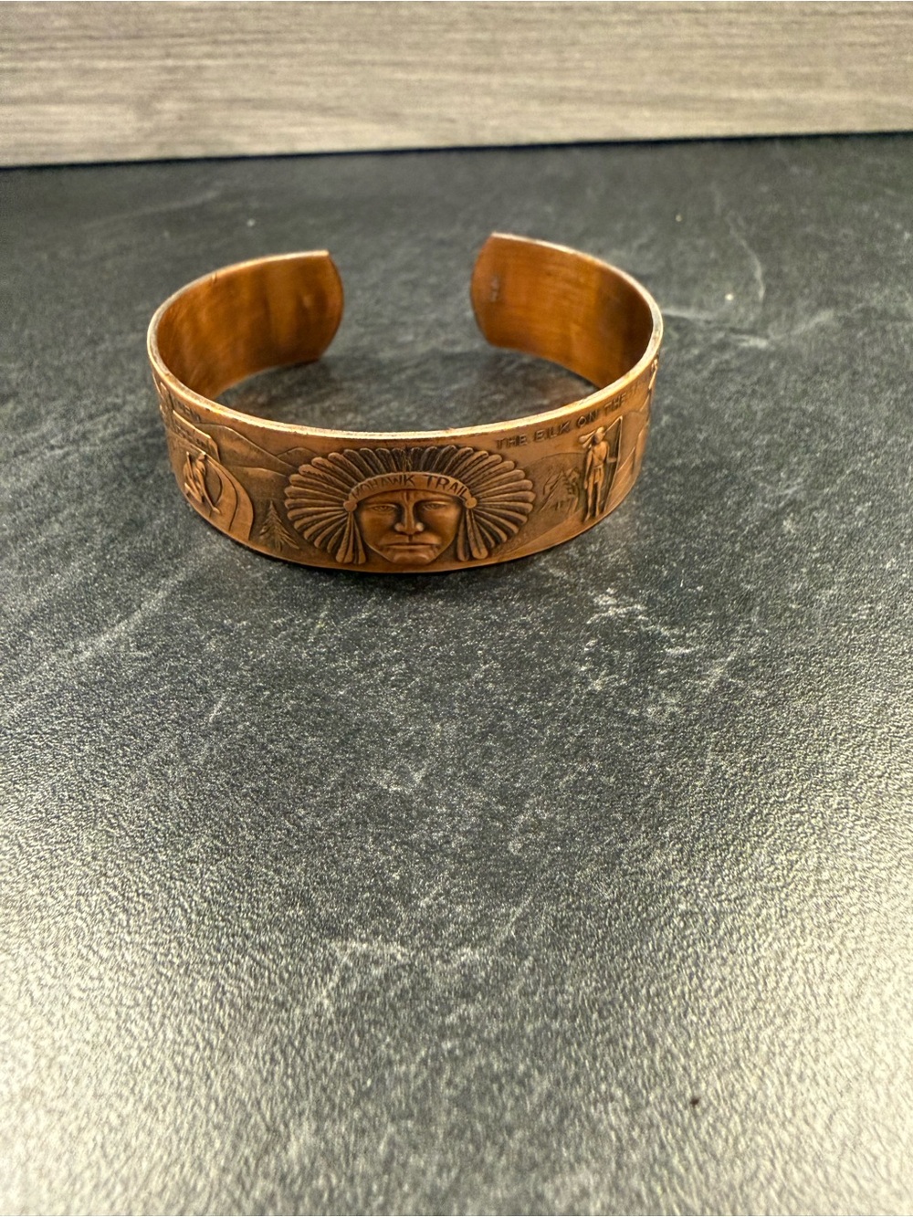 Engraved Copper Cuff Bracelet with Native Headdress Motif